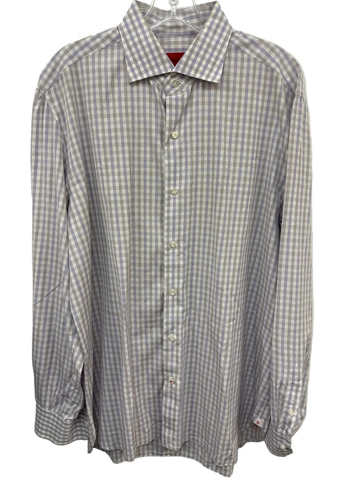 Isaia Size 17 White & Purple Cotton Plaid Button Down Men's Long Sleeve Shirt