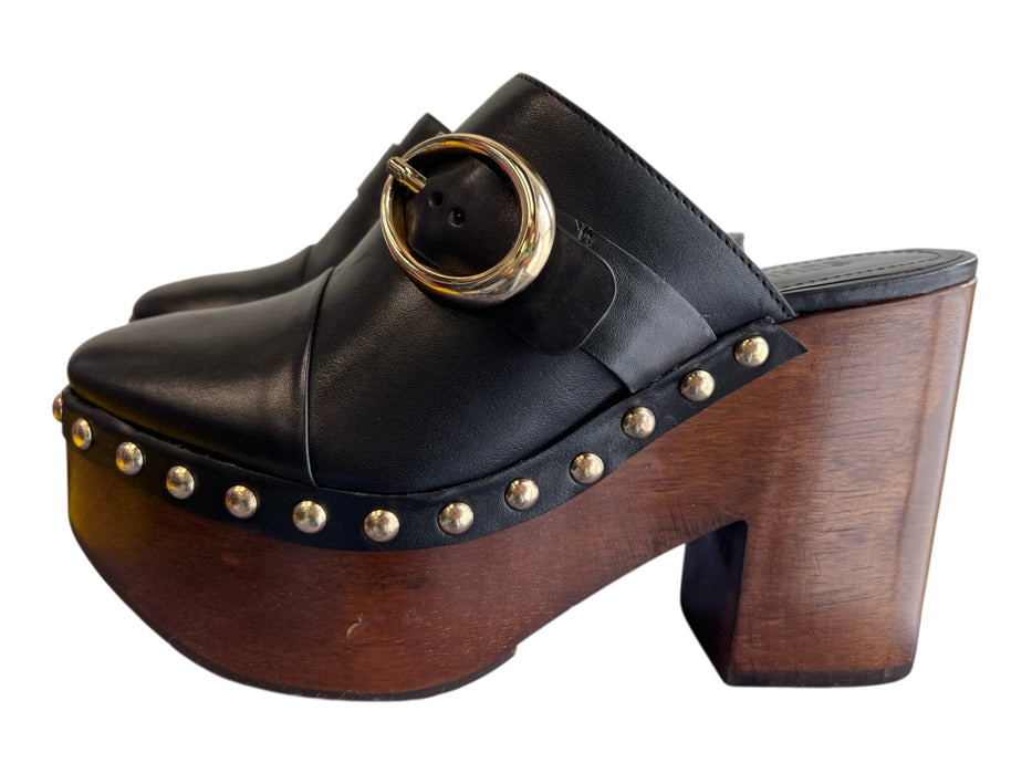 Schutz Shoe Size 7.5 Black & Brown Leather Wood platform Nailhead Details Shoes Black & Brown / 7.5