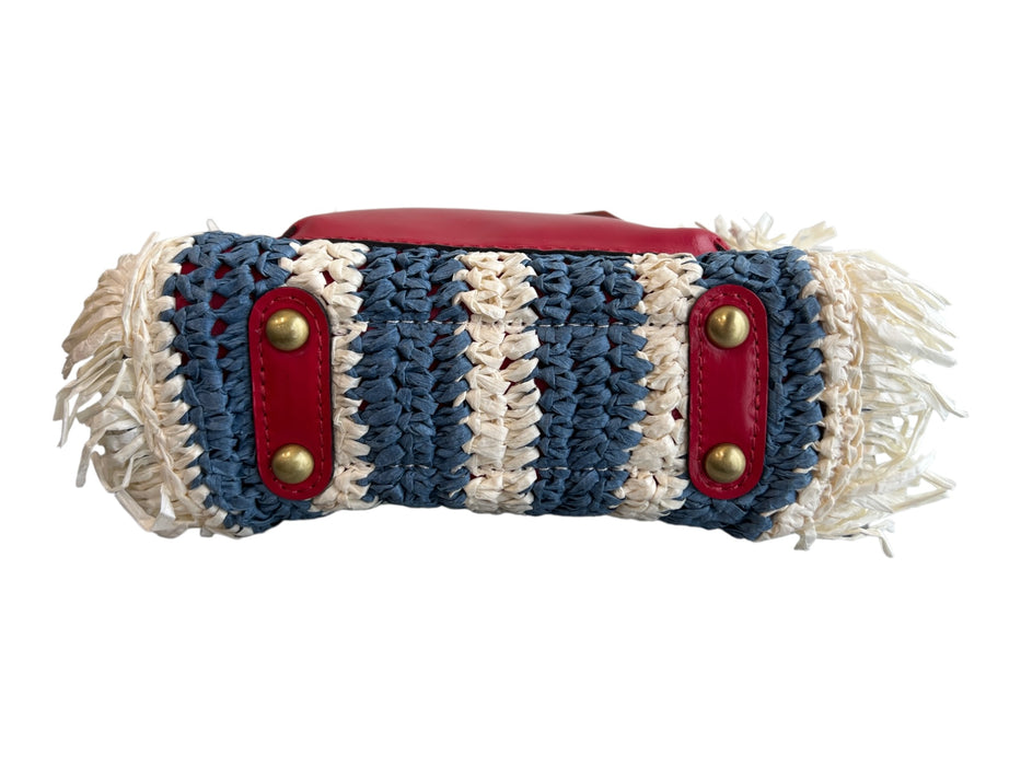 Patricia Nash White Blue & Red paper straw Top Handles Zip Close Bag White Blue & Red