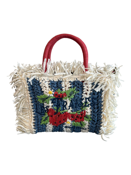 Patricia Nash White Blue & Red paper straw Top Handles Zip Close Bag White Blue & Red