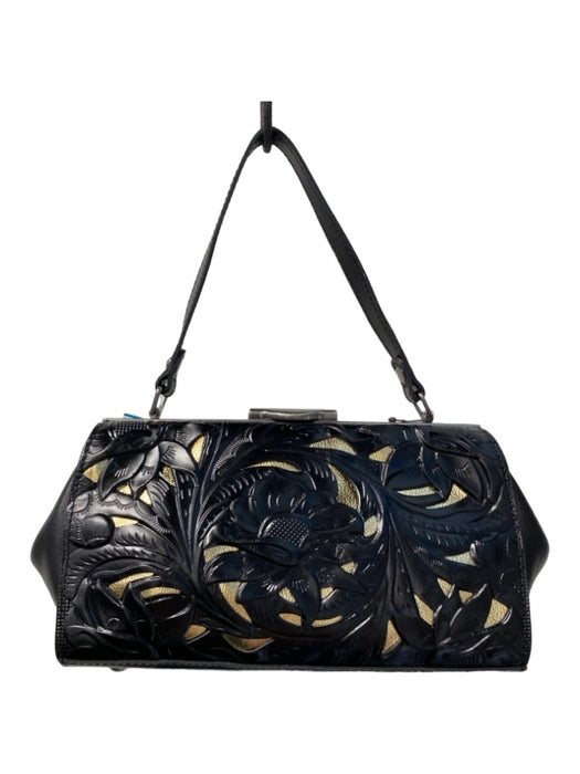 Patricia Nash Black & Gold Leather Top Handle Snap Closure Gold Detail Bag Black & Gold / M