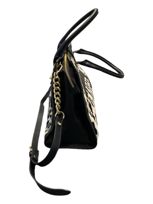 Cavalcanti Black & Cream Gold Hardware 2 Handles Animal Print Calf Hair Bag Black & Cream / Large