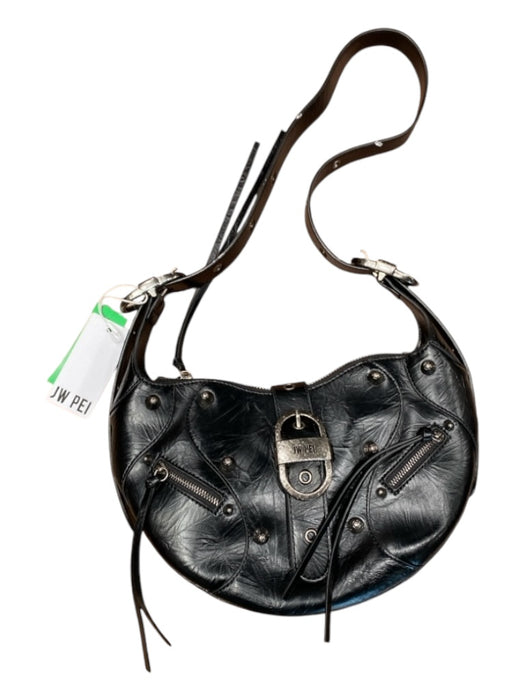 JW PEI Black Leather Hobo Silver Hardware Adjustable Strap Buckle Detail Bag Black