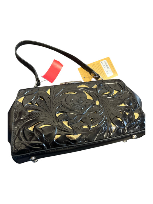 Patricia Nash Black Vegan Leather Gold Accents Floral Detail Top Handle Purse Black / Medium