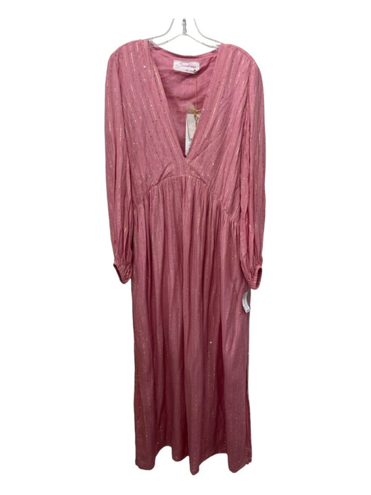 Sundress Size M/L Pink & Gold Viscose V Neck Metallic Thread Long Sleeve Dress Pink & Gold / M/L