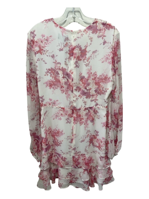 Bardot Size 10/L White & Pink Polyester Floral Surplice Long Sleeve Dress White & Pink / 10/L