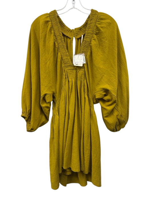 Free People Size M Mustard Yellow Cotton Long puff sleeve V Neck Mini Dress Mustard Yellow / M