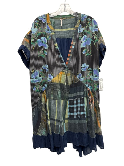 Free People Size L Green, Blue, Brown Cotton Short Sleeve Patchwork V Neck Dress Green, Blue, Brown / L