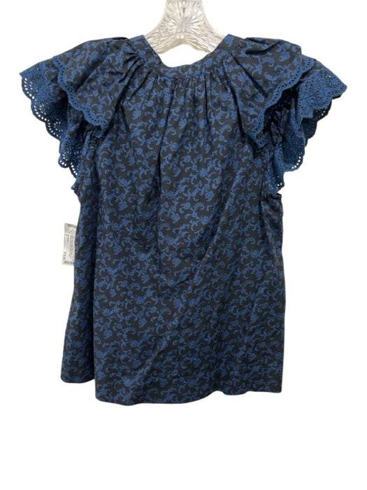 Ulla Johnson Size 2 Black & Blue Cotton Floral Ruffle Cap Sleeve Top Black & Blue / 2