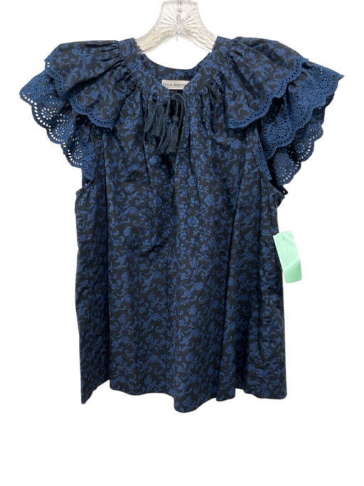 Ulla Johnson Size 2 Black & Blue Cotton Floral Ruffle Cap Sleeve Top Black & Blue / 2
