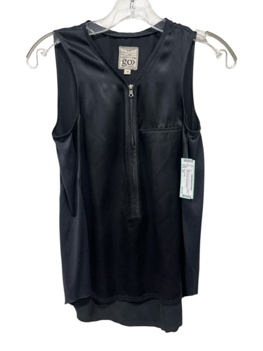 Go > Go Silk Size XS Black Silk & Linen Sleeveless Half Zip Breast Pocket Top Black / XS