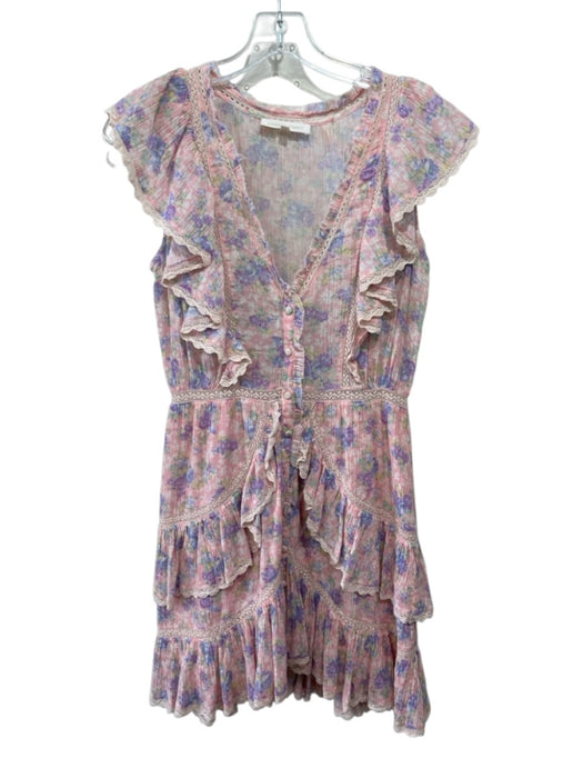 Loveshackfancy Size XS Pink & Purple Cotton Floral Lace Trim Button Front Dress Pink & Purple / XS