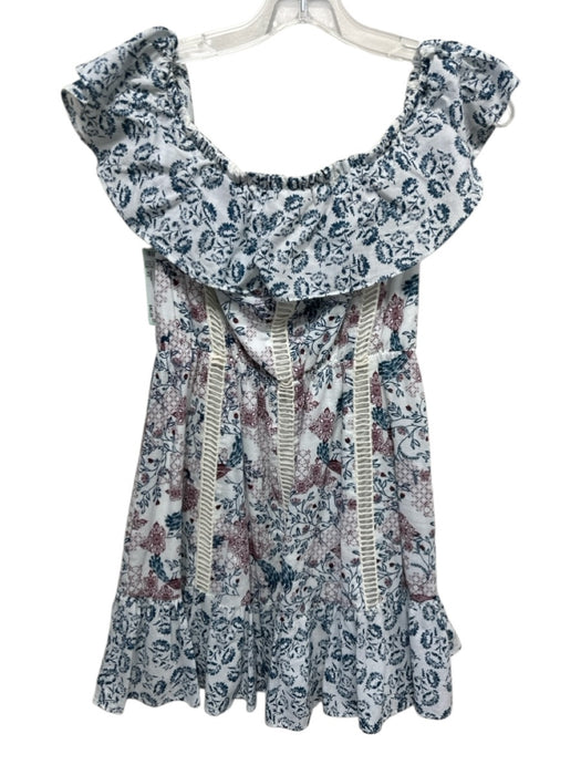 Tularosa Size XS White, Blue & Red Cotton Floral Ladder Lace Detail Ruffle Dress White, Blue & Red / XS