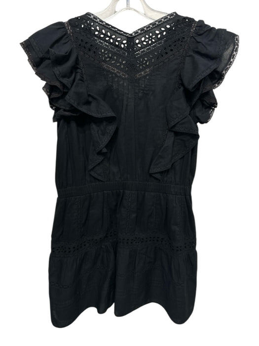 Loveshackfancy Size XS Black Cotton Ruffle Cap Sleeve Lace Detail V Neck Dress Black / XS