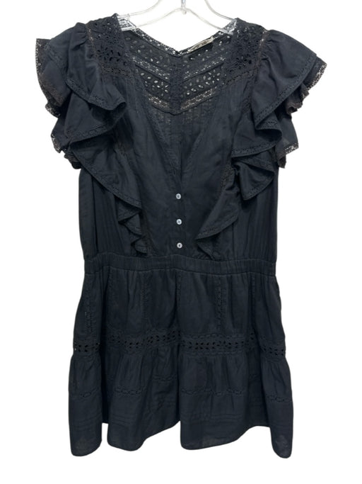 Loveshackfancy Size XS Black Cotton Ruffle Cap Sleeve Lace Detail V Neck Dress Black / XS