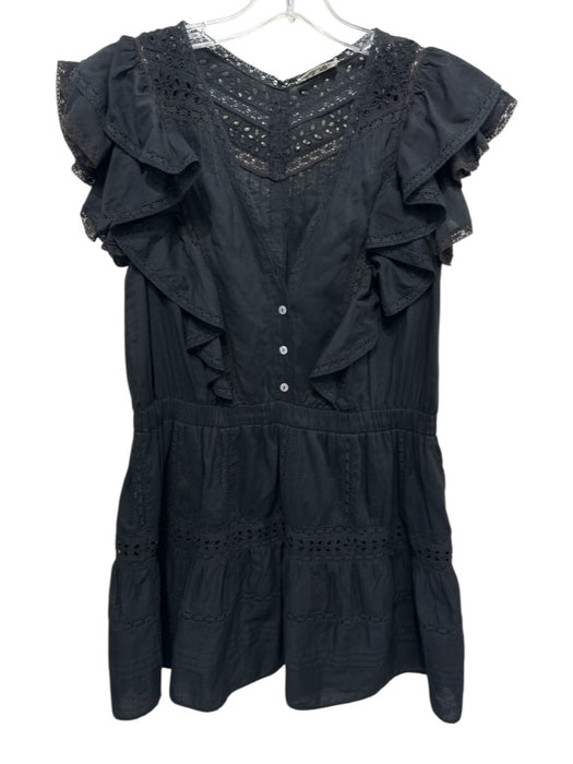 Loveshackfancy Size XS Black Cotton Ruffle Cap Sleeve Lace Detail V Neck Dress Black / XS