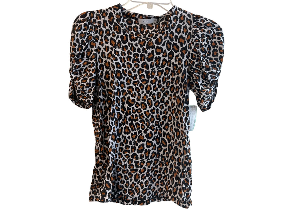 A.L.C. Size XS Brown, Black & White Cotton Short Puff Sleeve Cheetah Print Top Brown, Black & White / XS