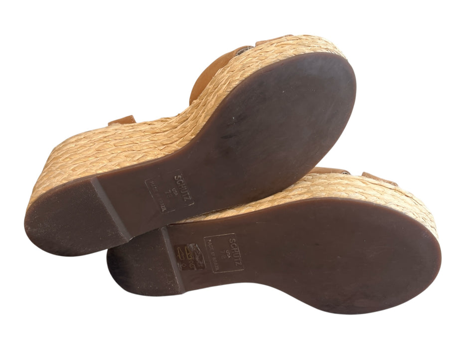 Schutz Shoe Size 7 Tan Leather & Suede Espadrille Open Toe Ankle Strap Shoes Tan / 7