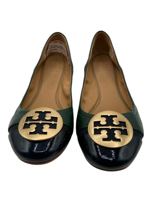 Tory Burch Shoe Size 9 Green & Navy Leather Gold Tone Hardware Logo Flats Green & Navy / 9
