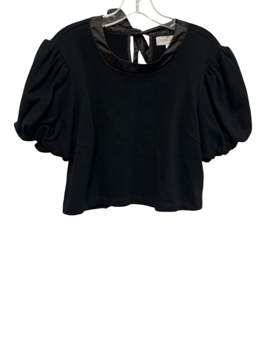 Olivia James Size M Black Crop Darted Puff Short Sleeve Bow Detail Top Black / M