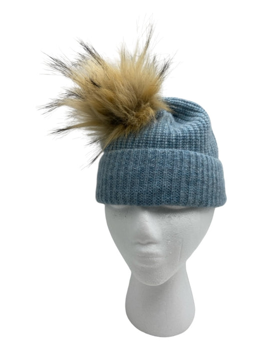 Garnet Hill Light Blue Cashmere Fur Ball Beanie Hat Light Blue