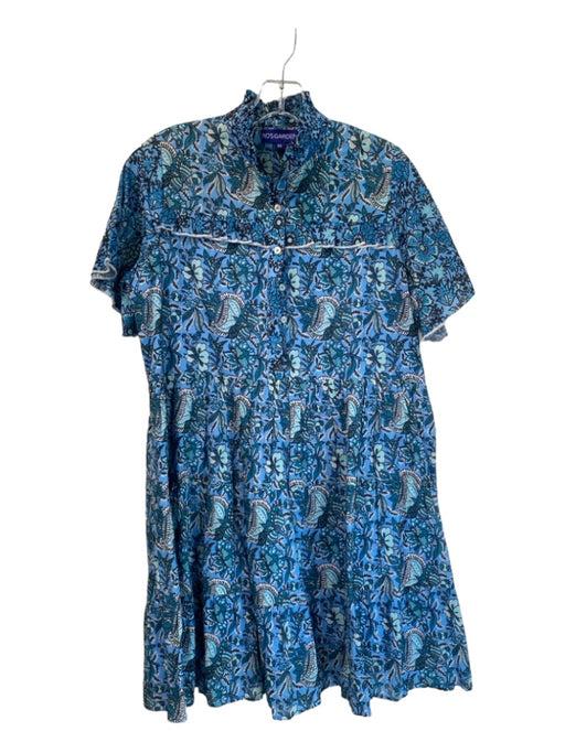 Ro's Garden Size XS Blue Cotton Floral Ruffle Neckline Short Sleeve Tiered Dress Blue / XS