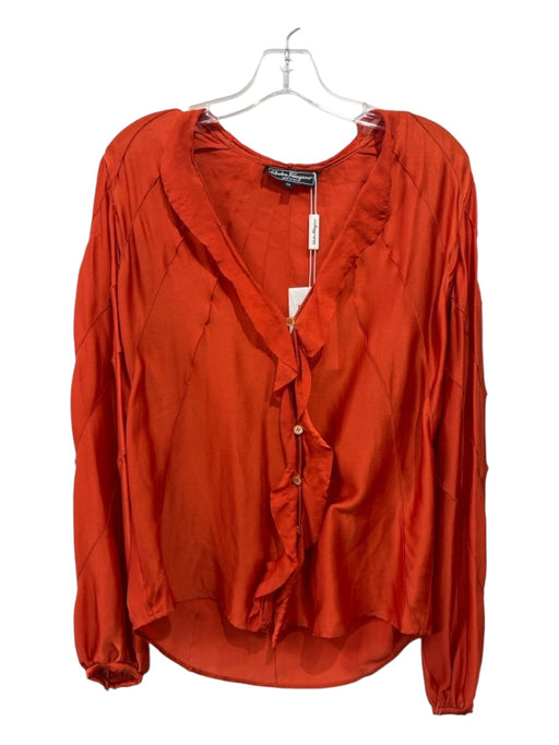 Salvatore Ferragamo Size 42 Orange Silk Pintuck V Neck Button Front Ruffle Top Orange / 42