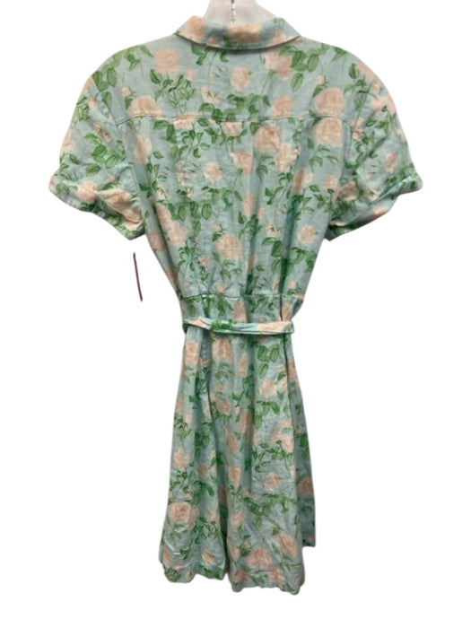 Hill House Size S Blue, Green, Beige Linen Floral Button Down Cap Sleeve Dress Blue, Green, Beige / S