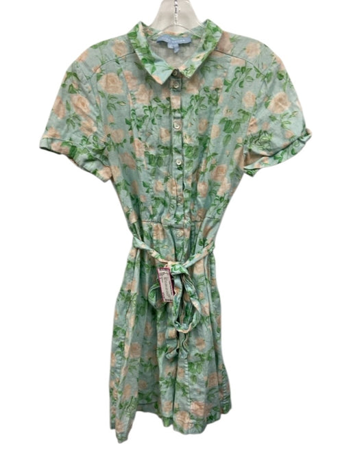 Hill House Size S Blue, Green, Beige Linen Floral Button Down Cap Sleeve Dress Blue, Green, Beige / S