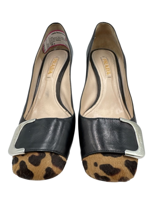 Prada Shoe Size 38.5 Black & Tan Leather & Pony Hair silver tone hardware Pumps Black & Tan / 38.5
