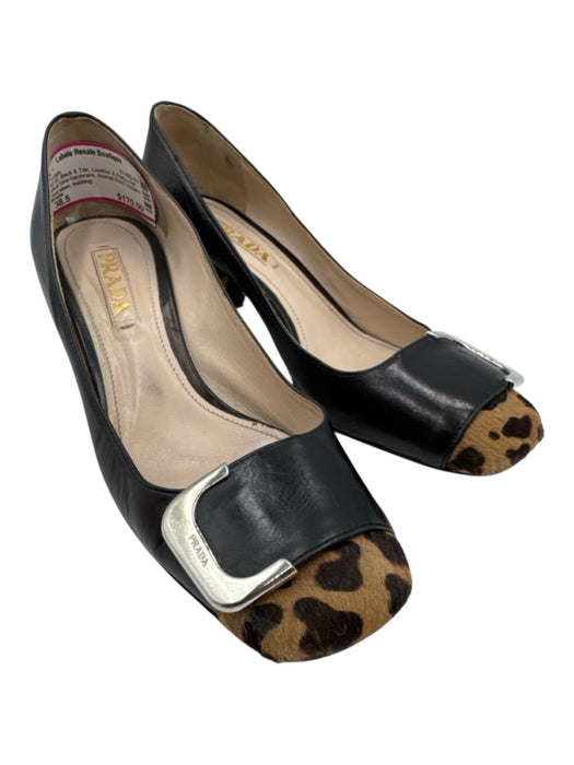 Prada Shoe Size 38.5 Black & Tan Leather & Pony Hair silver tone hardware Pumps Black & Tan / 38.5
