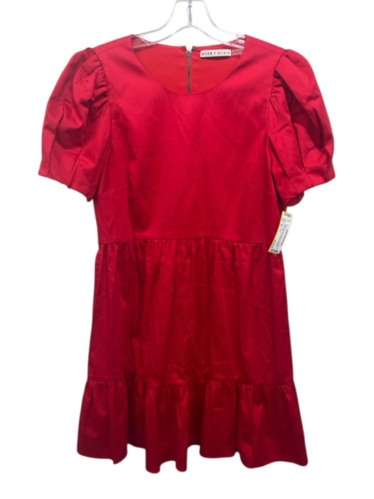 Alice + Olivia Size 12 Red Cotton Blend Short Puff Sleeve Tiered Back Zip Dress Red / 12