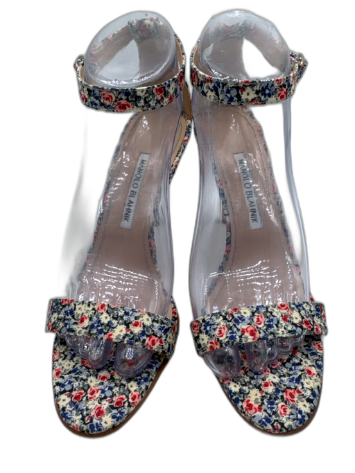 Manolo Blahnik Shoe Size 38.5 Blue, Red, White Leather & Textile Toe Strap Pumps Blue, Red, White / 38.5