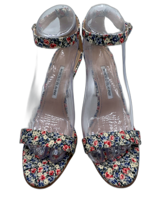 Manolo Blahnik Shoe Size 38.5 Blue, Red, White Leather & Textile Toe Strap Pumps Blue, Red, White / 38.5
