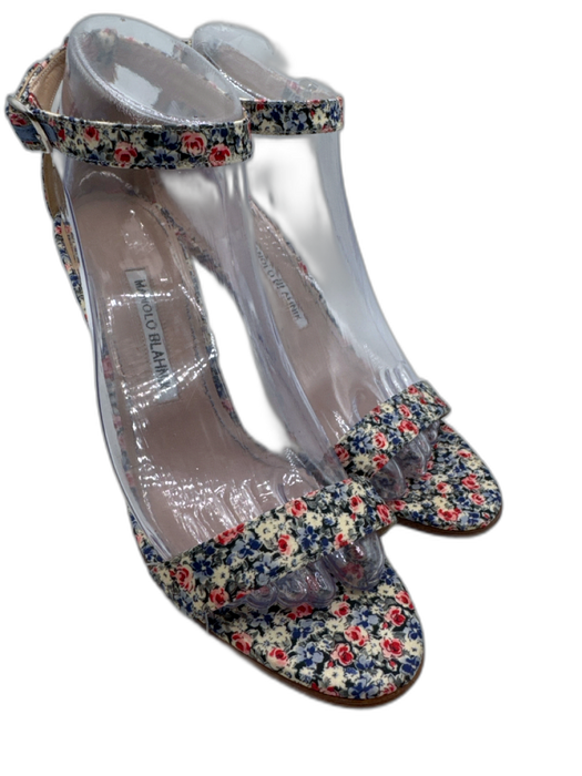 Manolo Blahnik Shoe Size 38.5 Blue, Red, White Leather & Textile Toe Strap Pumps Blue, Red, White / 38.5