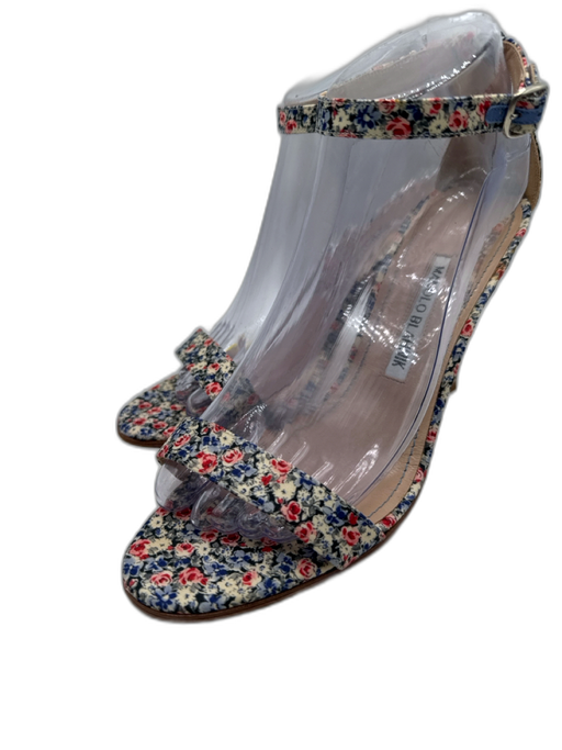 Manolo Blahnik Shoe Size 38.5 Blue, Red, White Leather & Textile Toe Strap Pumps Blue, Red, White / 38.5