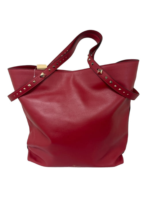 Valentino Red Leather Rockstud Magnetic Snap Tote Bag Red