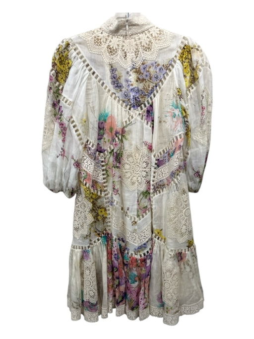 Zimmerman Size 0 Beige, Purple, Multi floral print Button Up Crochet Lace Dress Beige, Purple, Multi / 0