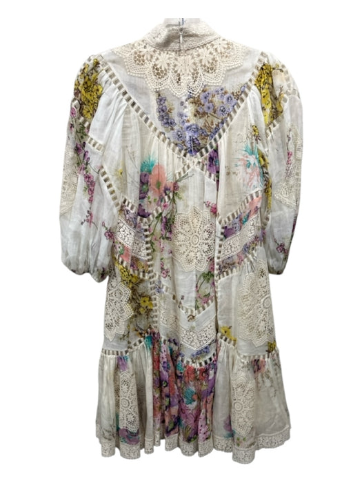 Zimmerman Size 0 Beige, Purple, Multi floral print Button Up Crochet Lace Dress Beige, Purple, Multi / 0