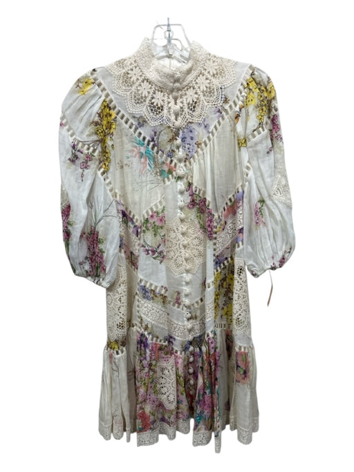 Zimmerman Size 0 Beige, Purple, Multi floral print Button Up Crochet Lace Dress Beige, Purple, Multi / 0