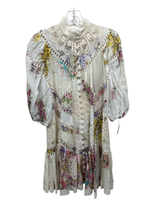 Zimmerman Size 0 Beige, Purple, Multi floral print Button Up Crochet Lace Dress Beige, Purple, Multi / 0