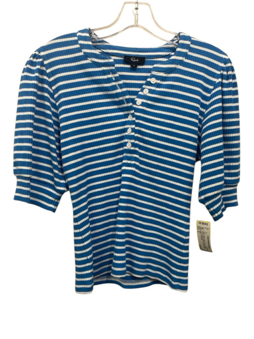 Rails Size S Blue & White Cotton Striped Ribbed Button Detail Puff Sleeves Top Blue & White / S