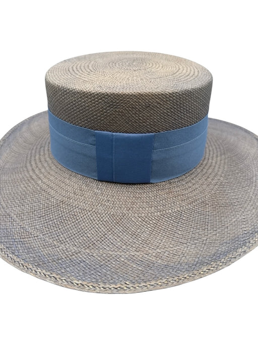 Artesano Blue & Beige Toquilla Straw Grosgrain Ribbon Detail wide brim Hat Blue & Beige / M