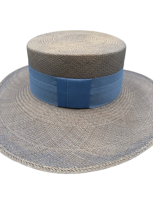 Artesano Blue & Beige Toquilla Straw Grosgrain Ribbon Detail wide brim Hat Blue & Beige / M