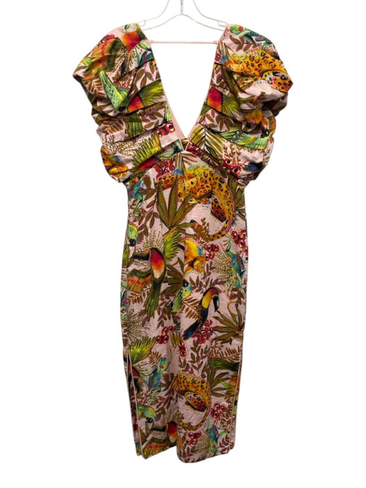 Farm Rio Size S Pink, Green, Multi Linen Blend Split hem Jungle Print Midi Dress Pink, Green, Multi / S