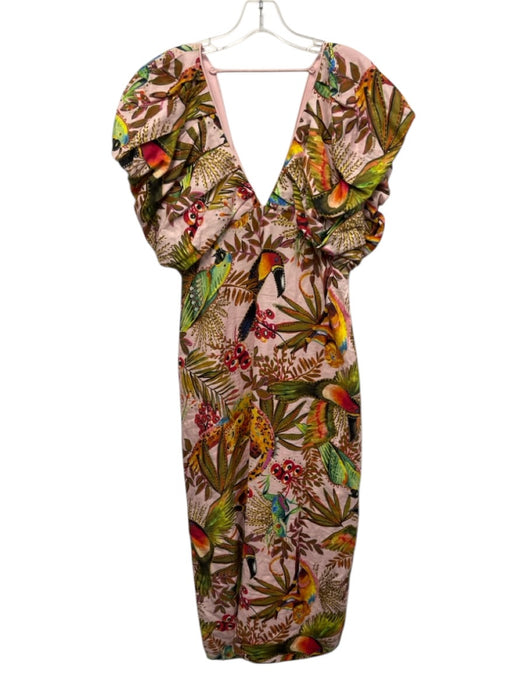 Farm Rio Size S Pink, Green, Multi Linen Blend Split hem Jungle Print Midi Dress Pink, Green, Multi / S