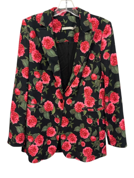 Alice + Olivia Size 8 Black, Red, Green Polyester Blend Rose Floral Jacket Black, Red, Green / 8