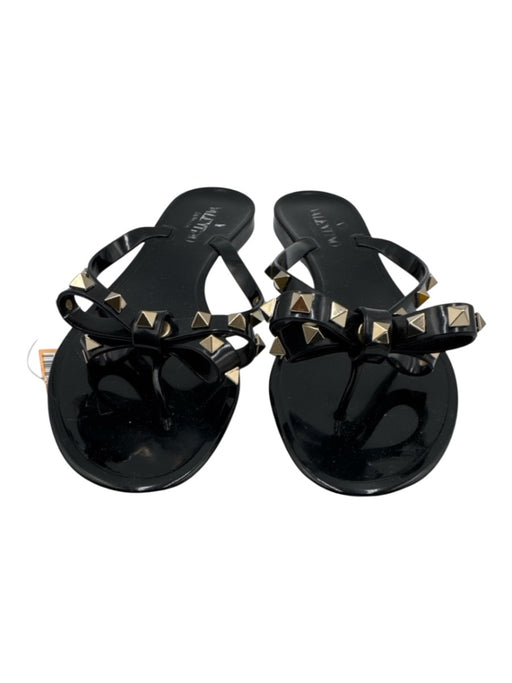 Valentino Shoe Size 38 Black & Gold Rubber Bow Rockstud Thong Sandals Black & Gold / 38
