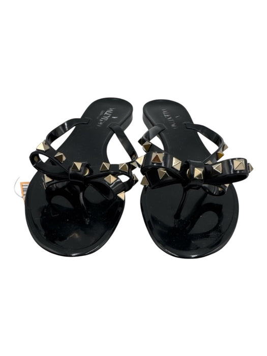 Valentino Shoe Size 38 Black & Gold Rubber Bow Rockstud Thong Sandals Black & Gold / 38