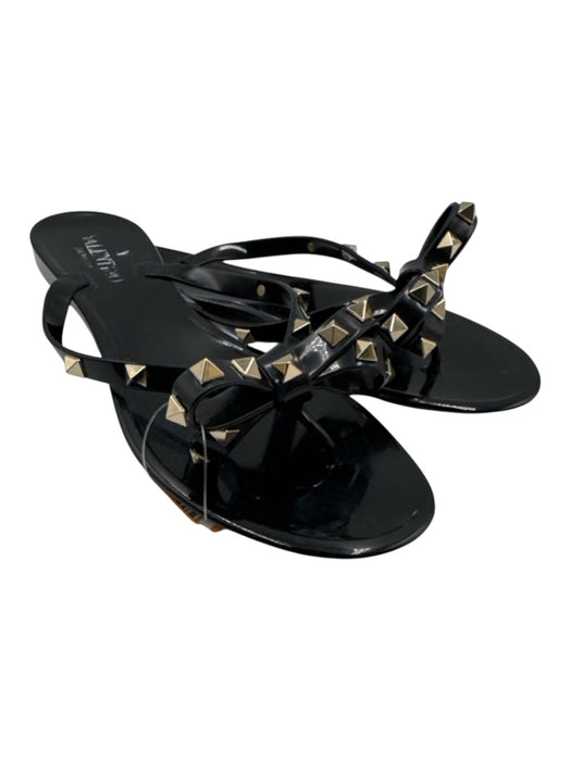 Valentino Shoe Size 38 Black & Gold Rubber Bow Rockstud Thong Sandals Black & Gold / 38